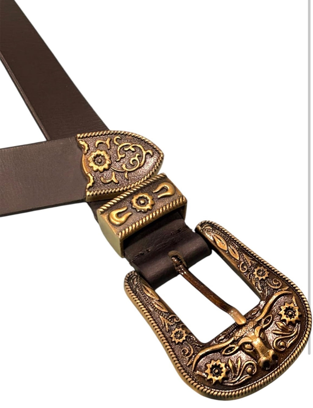 Men’s Genuine Leather Belt with Vintage Engraved Metal Buckle