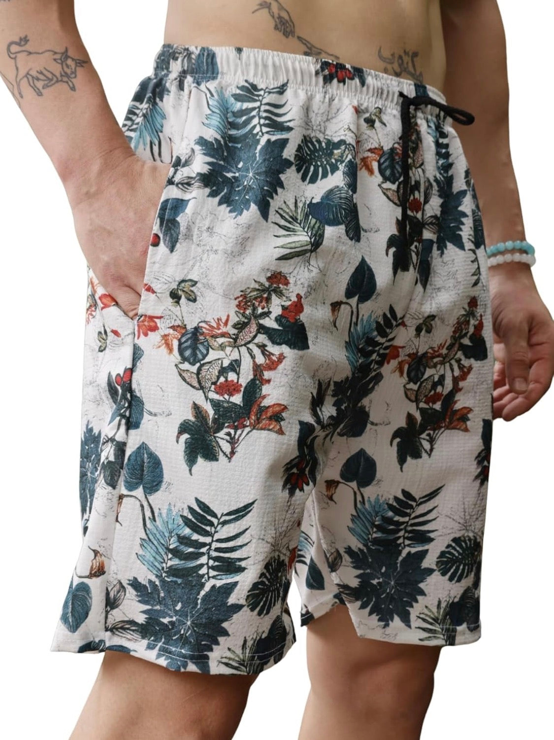 Zilcon Men's Casual Shorts Printed Fabric Drawstring Summer Beach Shorts