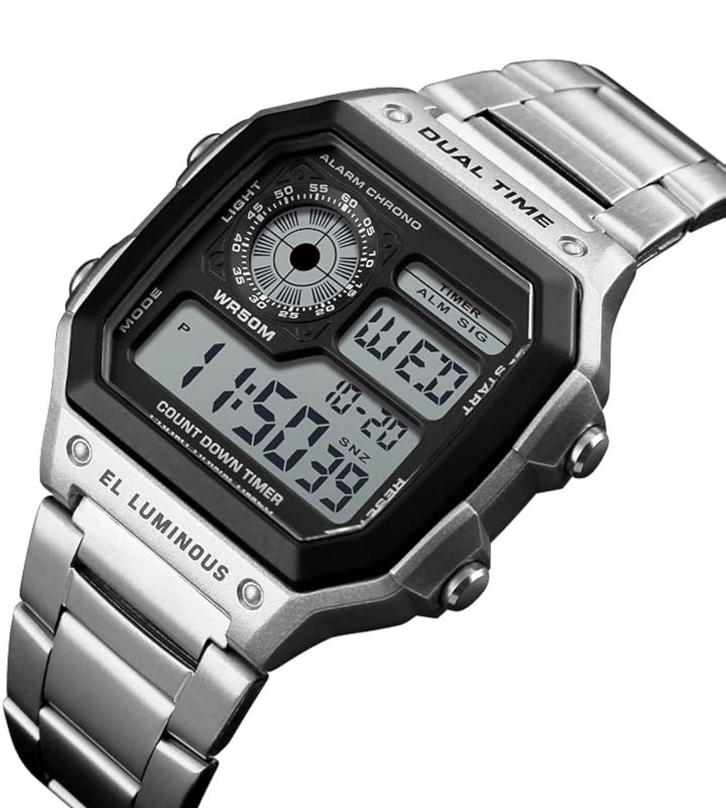 Shocknshop Digital Sports Square Black Dial Stainless Steel Strap Unisex Watch