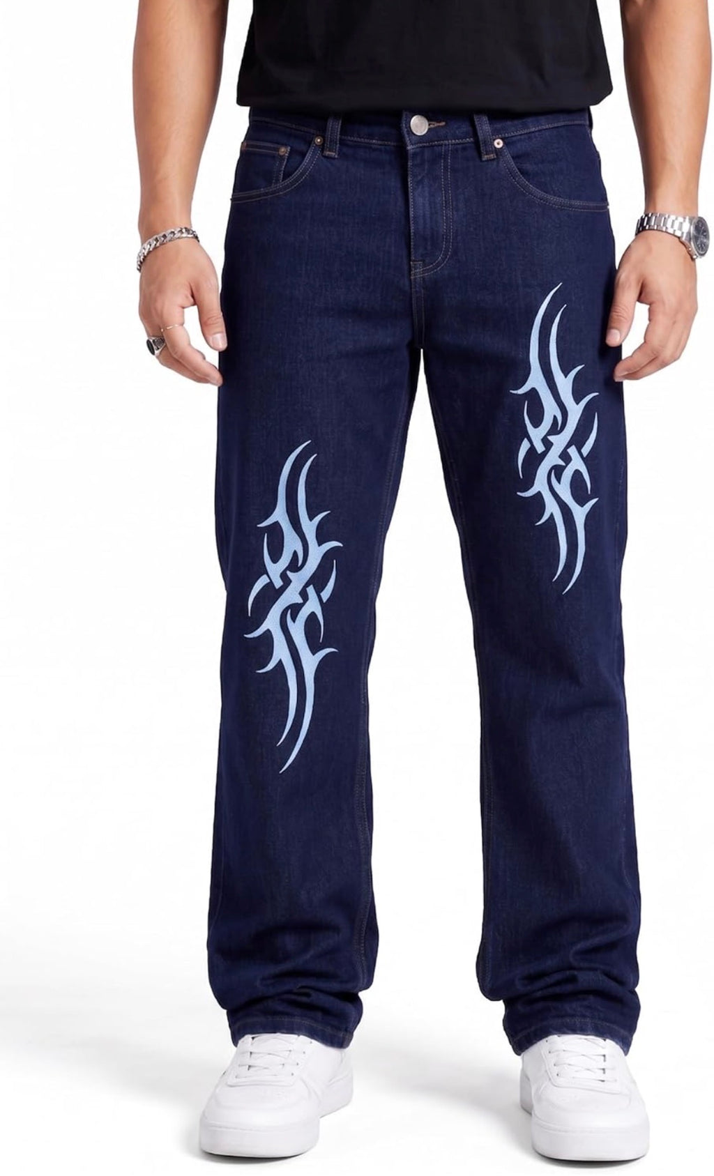 Premium Men's Dark Blue Loose Fit Printed Jeans