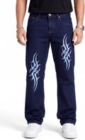 Premium Men's Dark Blue Loose Fit Printed Jeans