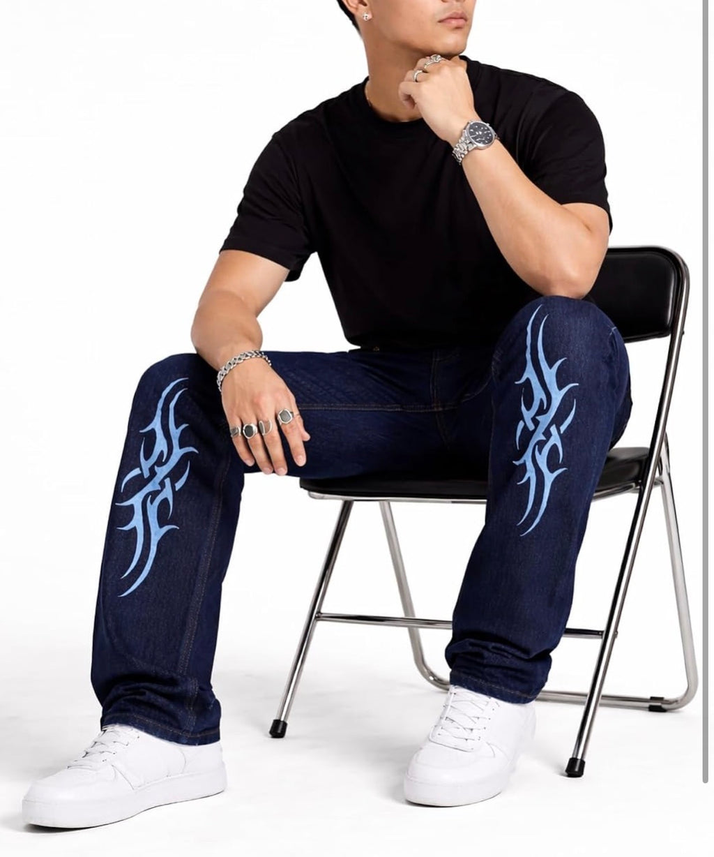 Premium Men's Dark Blue Loose Fit Printed Jeans