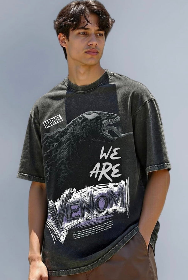 Bewakoof X Marvel Venom Men's 100% Cotton Graphic Print Oversized Fit Half Sleeve Round Neck T-Shirt