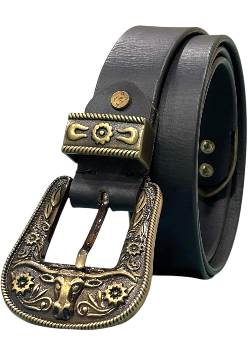 Men’s Genuine Leather Belt with Vintage Engraved Metal Buckle