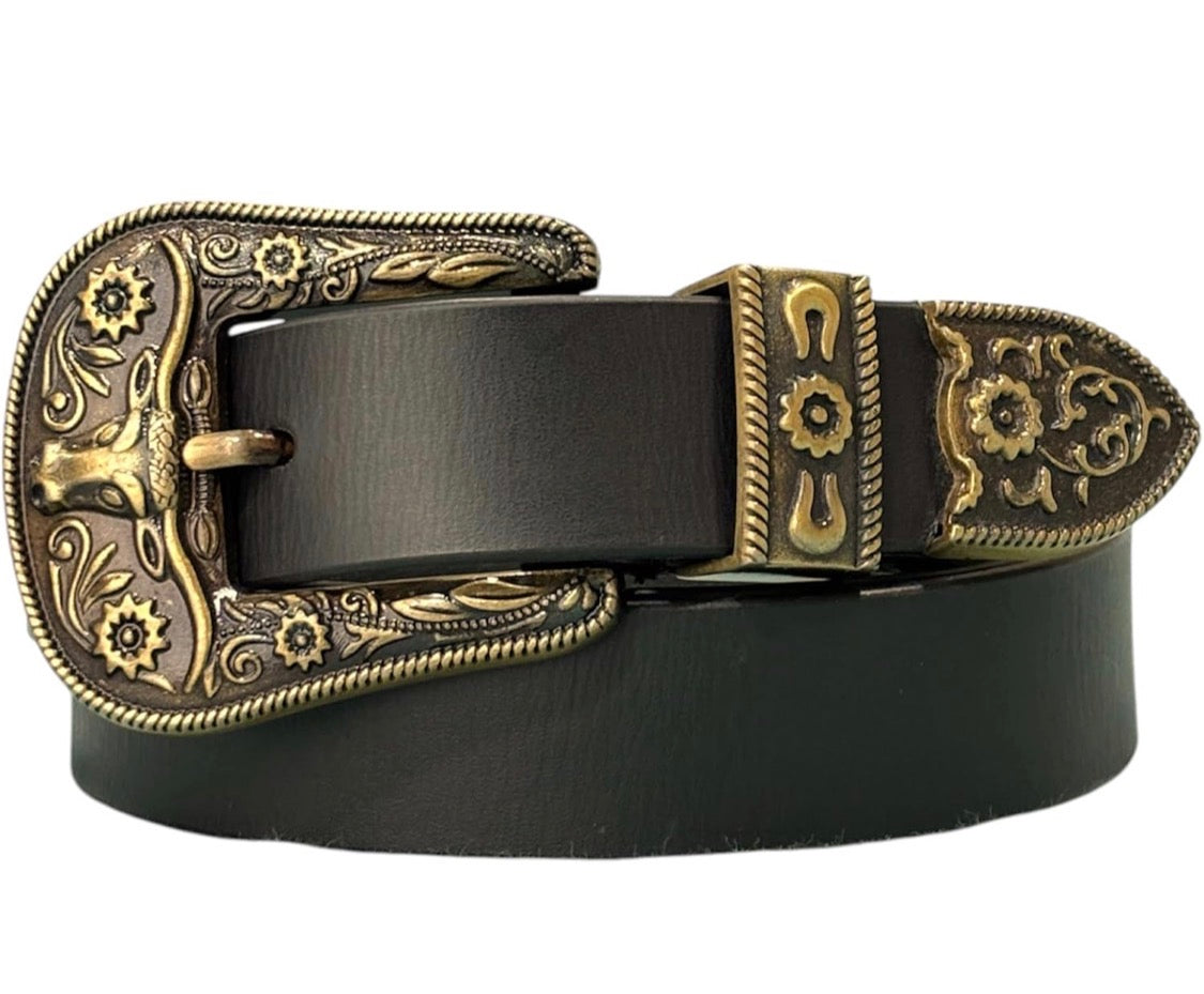 Men’s Genuine Leather Belt with Vintage Engraved Metal Buckle