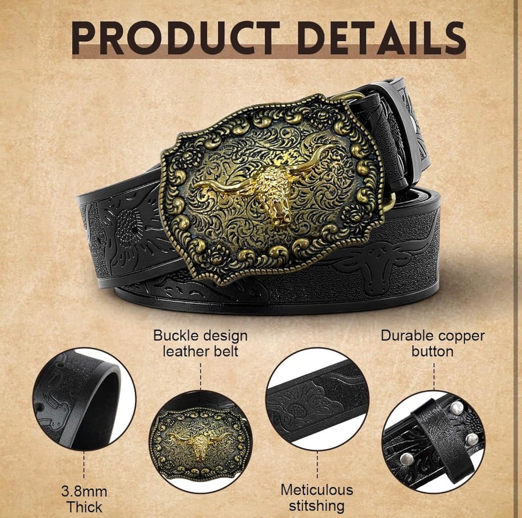 GUSTAVE® Belts for Men Western Cowboy PU Leather Men Belt