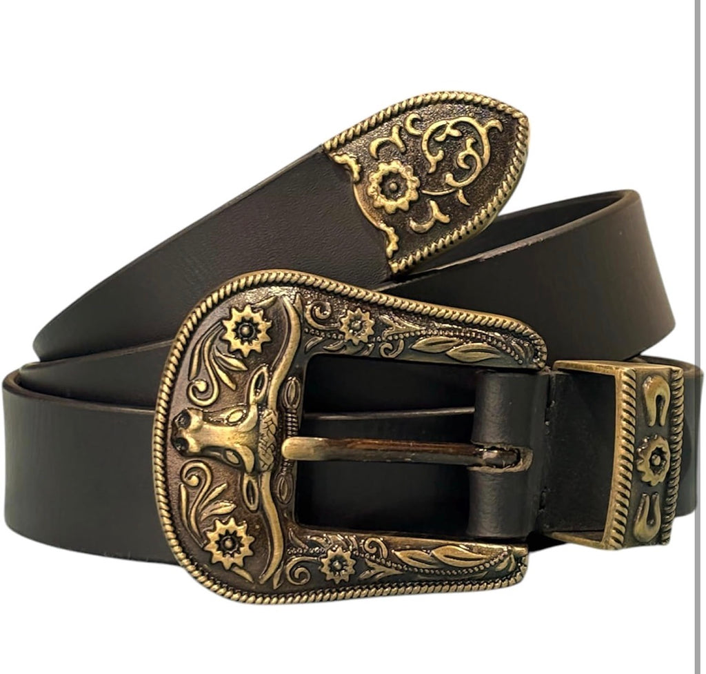 Men’s Genuine Leather Belt with Vintage Engraved Metal Buckle