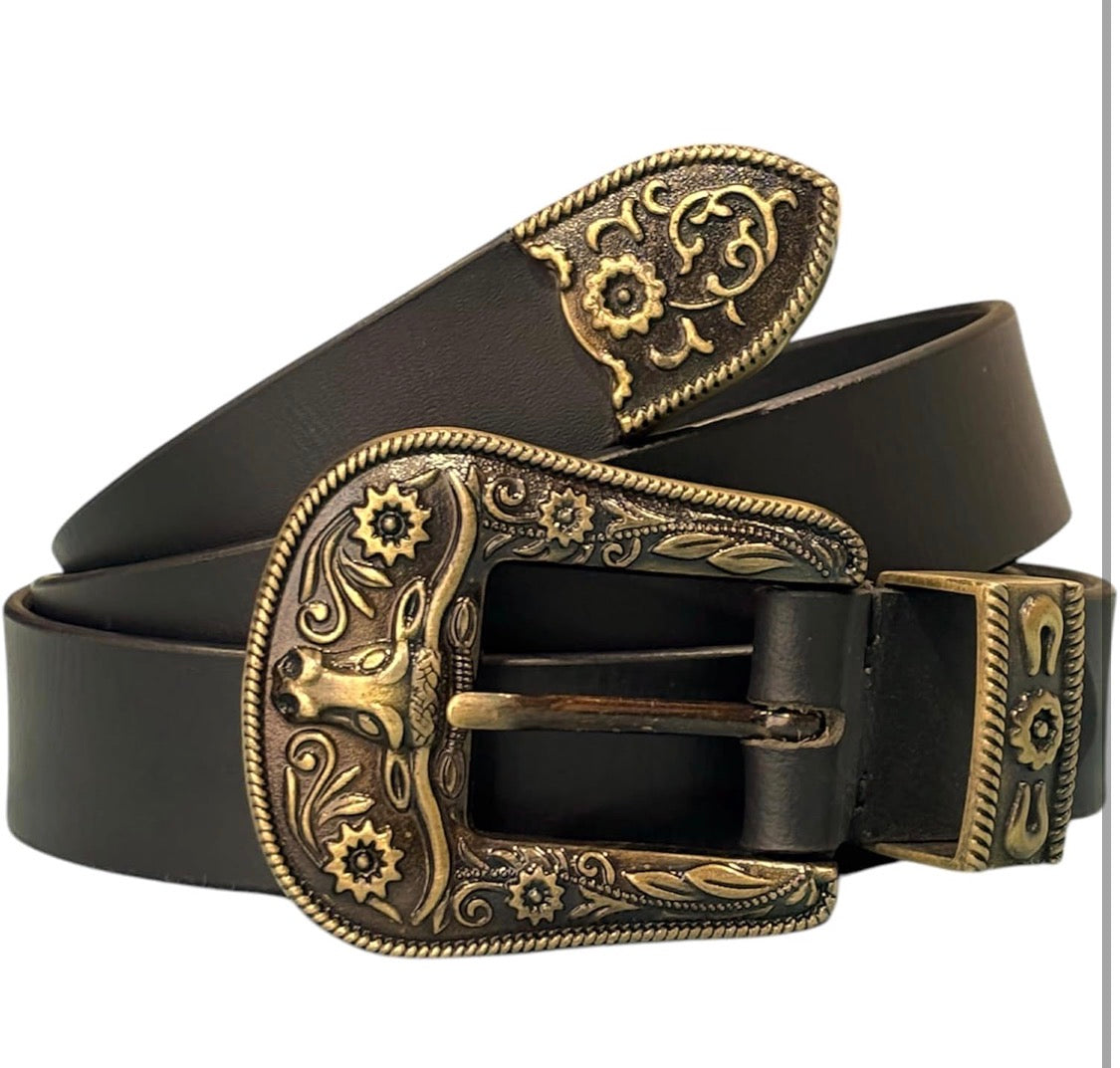 Men’s Genuine Leather Belt with Vintage Engraved Metal Buckle