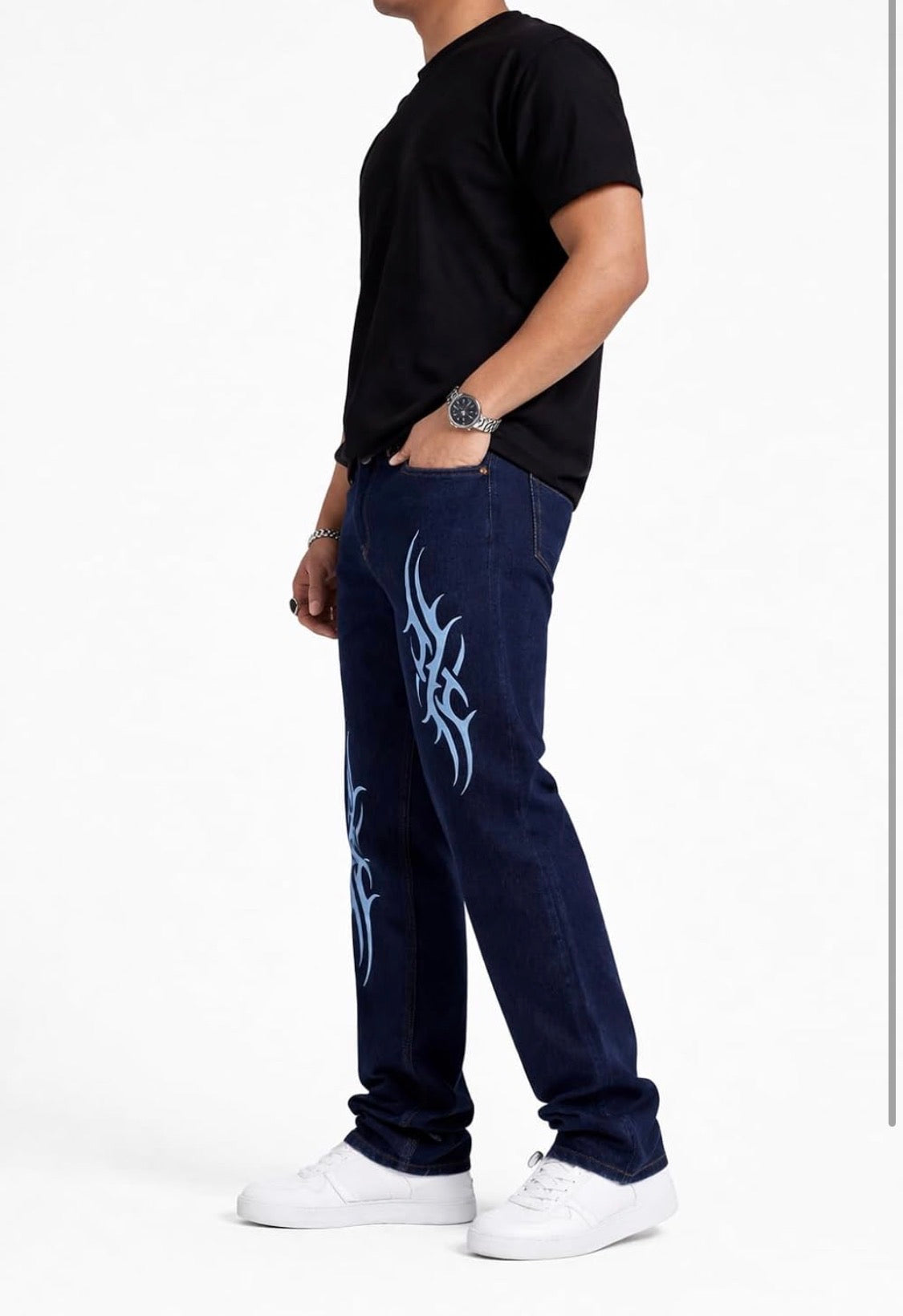 Premium Men's Dark Blue Loose Fit Printed Jeans